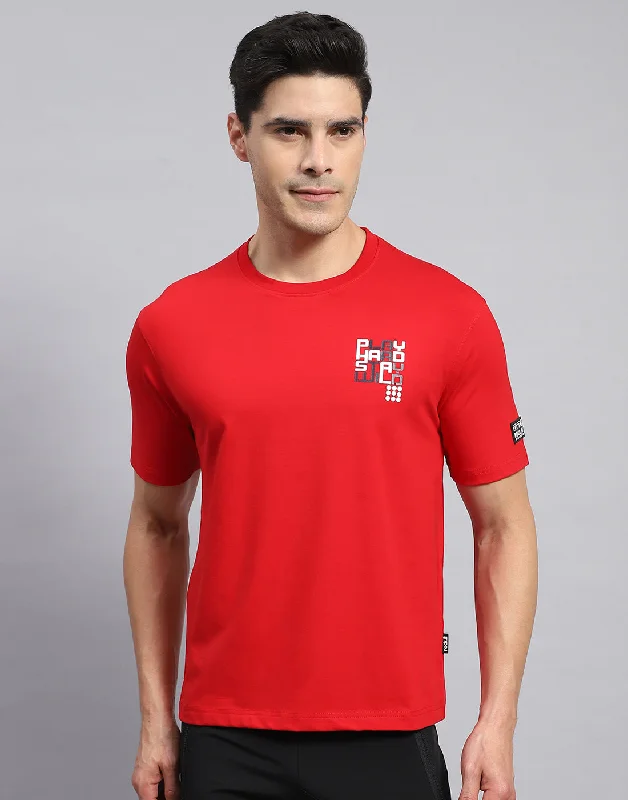 Men Red Printed Round Neck Half Sleeve T-Shirt