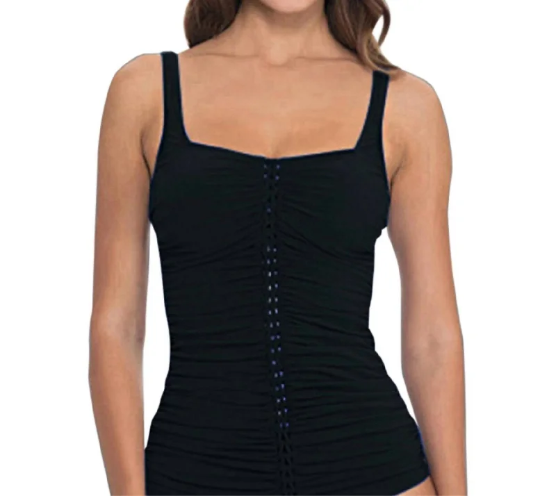 Shirred Tankini Top In Waterfall Black