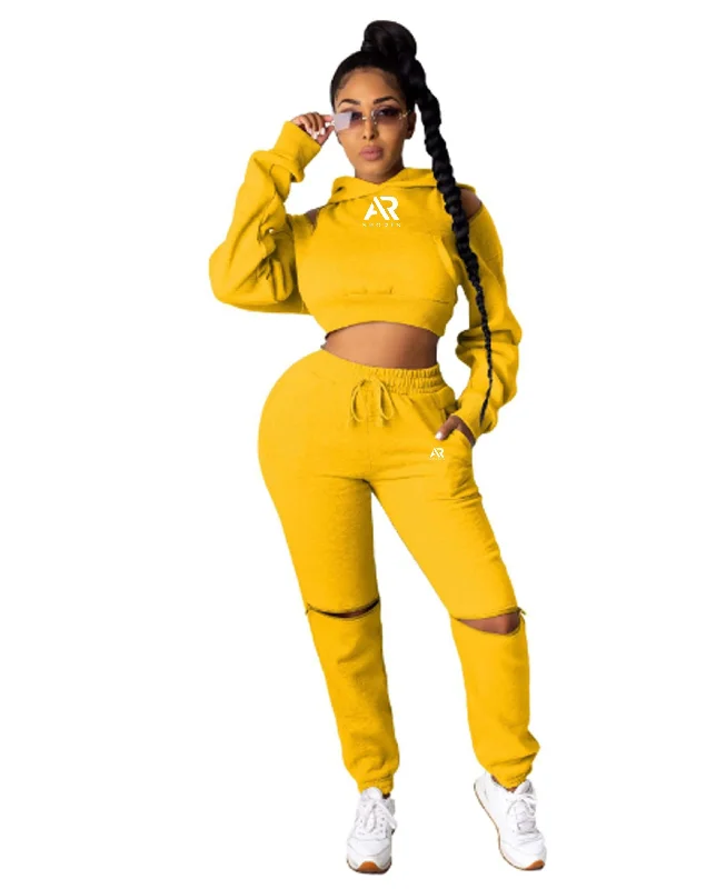 AR Sportswear women's 2Pcs Hoodie Crop Top Pullover Zipper with Matching Pants