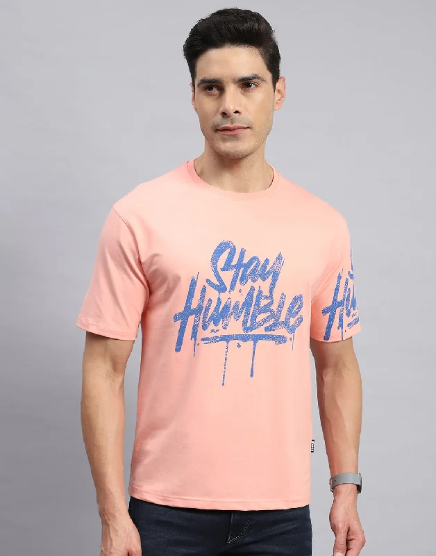 Men Peach Printed Round Neck Half Sleeve T-Shirt