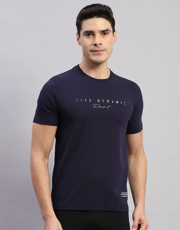 Men Navy Blue Printed Round Neck Half Sleeve T-Shirt