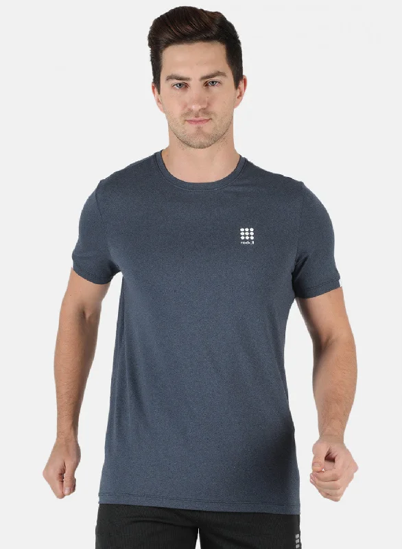 Men NAvy Blue Self Design Round Neck T-Shirt