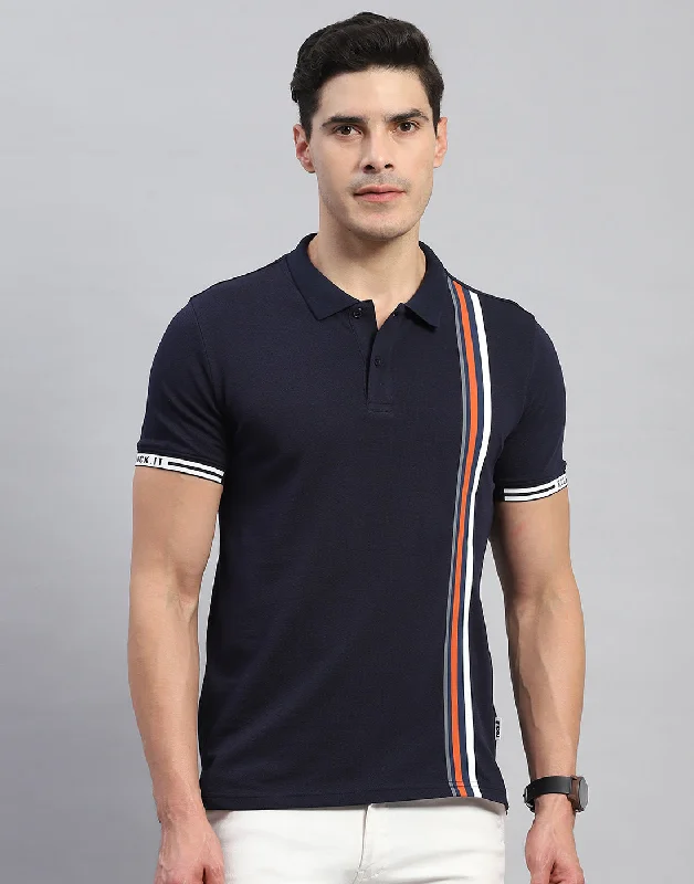 Men Navy Blue Stripe Collar Half Sleeve T-Shirt