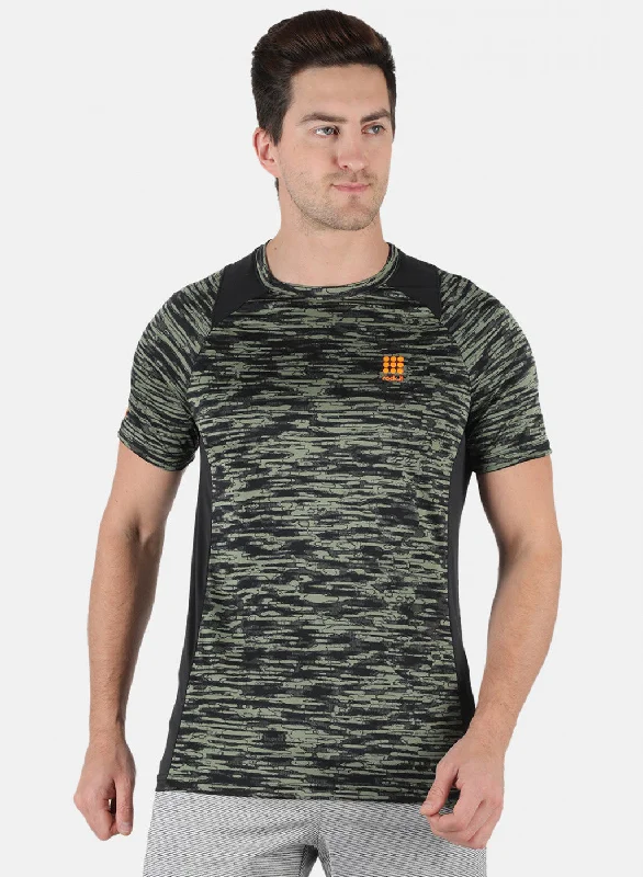 Men Olive Self Design Round Neck T-Shirt