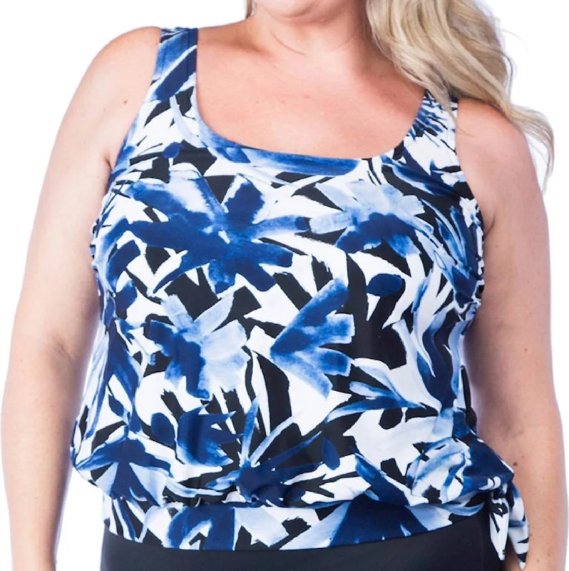 Floral Blouson Tankini Top - Plus Size In Max Navy Ink