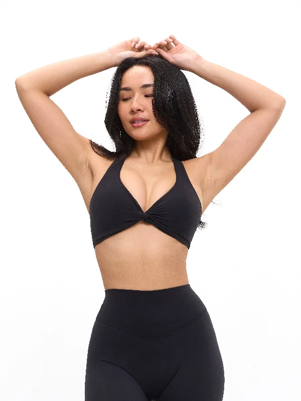 Poshknit Twist Halter Sports Bra - Onyx Black